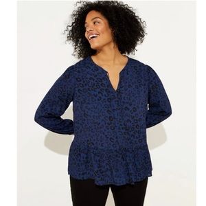 LOFT PLUS LEOPARD RUFFLE HEM SPLIT NECK BLOUSE